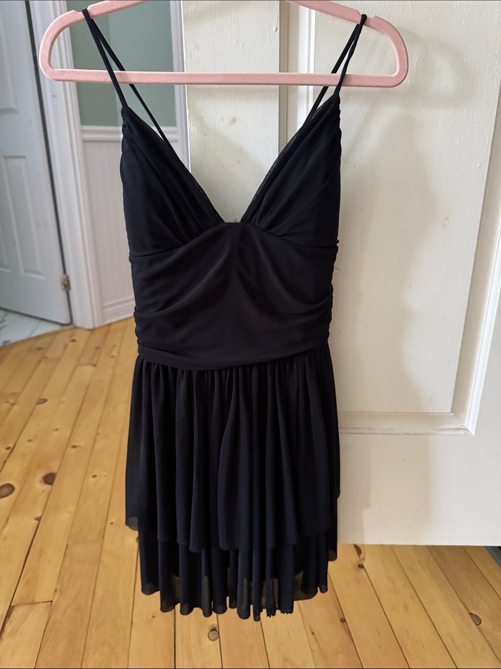 Halara Black Spaghetti Strap Tiered Skater Dress w Mesh Overlay